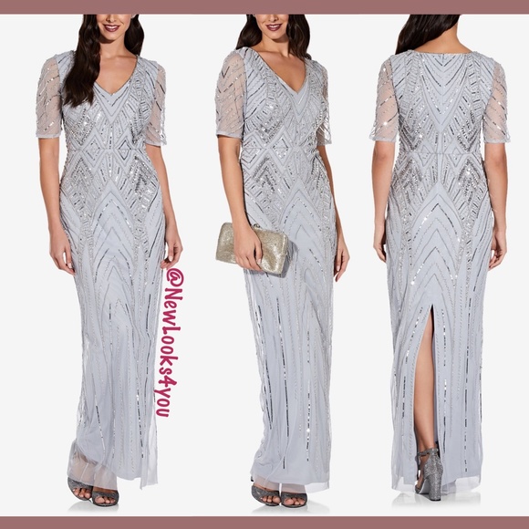 NWT Adrianna‎ Papell V-neck Beaded Gown 0 Glacier